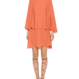 Valentino Scalloped Tiered Capelet Dress, Coral
