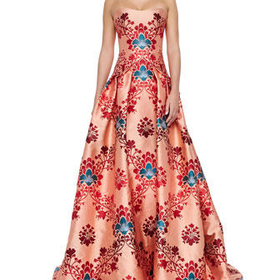 Carolina Herrera Brocade Jacquard Strapless Gown, Red/Multi