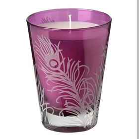 Purple etched peacock feather candle