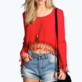 Yazzmin Crochet Tassel Trim Crop Blouse