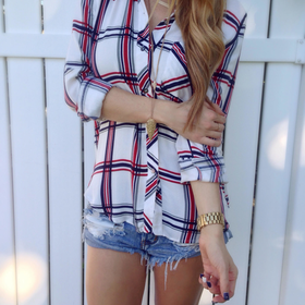 Navy + Red Plaid Top