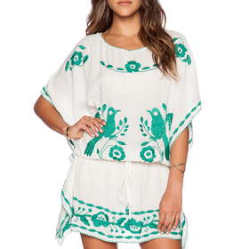 Star Mela Delia Embroidered Kaftan in Ecru & Green